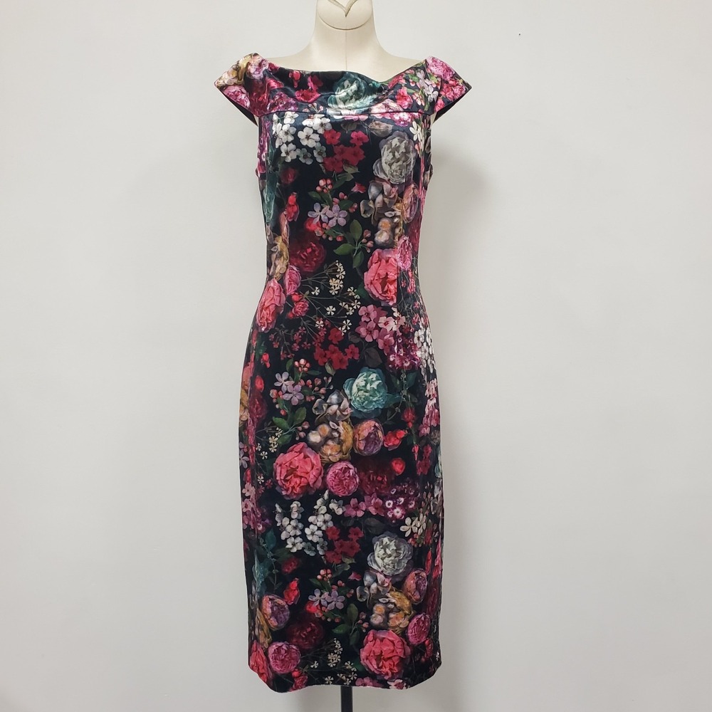 Adrianna Papell Velvet Floral Midi Dress Size 6 Whimsigoth Sheath Dark Romantic